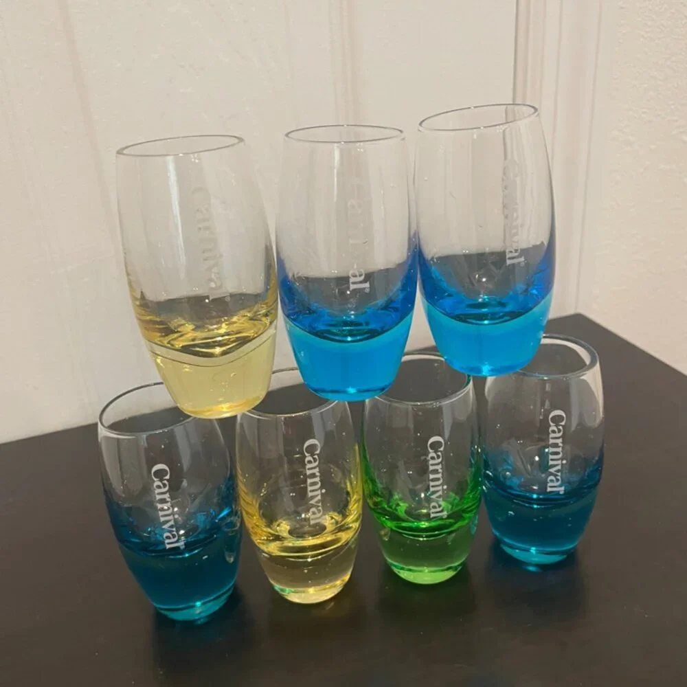 Carnival Cruise Line etched shot glasses SET OF 7 oval shape versatile aesthetic